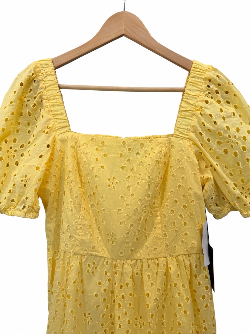 CeCe Eyelet Cotton Midi Dress Square Neck Smocked Puff Sleeve Yellow Small NWT - Picture 7 of 15